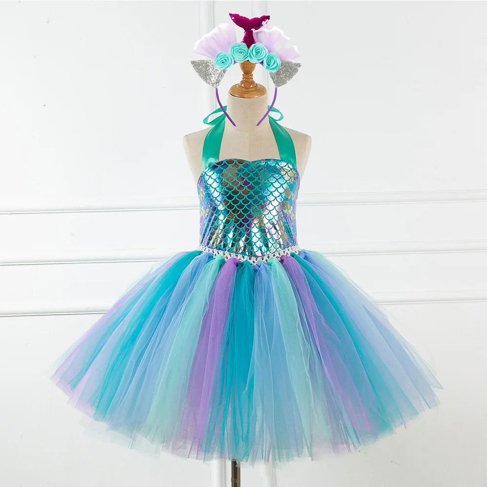Kids Girls Cosplay Party Dress Princess Dress Up Mermaid Tulle Tutu Dresses Theme Birthday Party Costume with Flower Headband