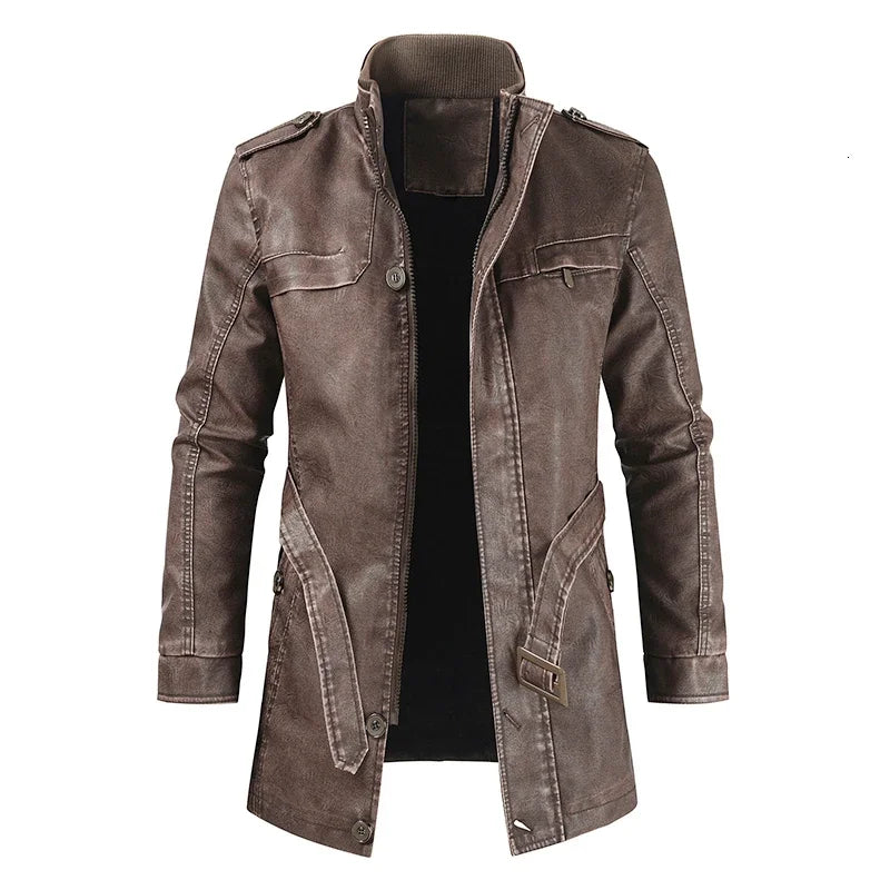 Men Outfit Fashion Warm Casual Vintage Faux Leather Jacket Coat Men Winter Brand New Long Thick Fleece Leather Jacket Parkas