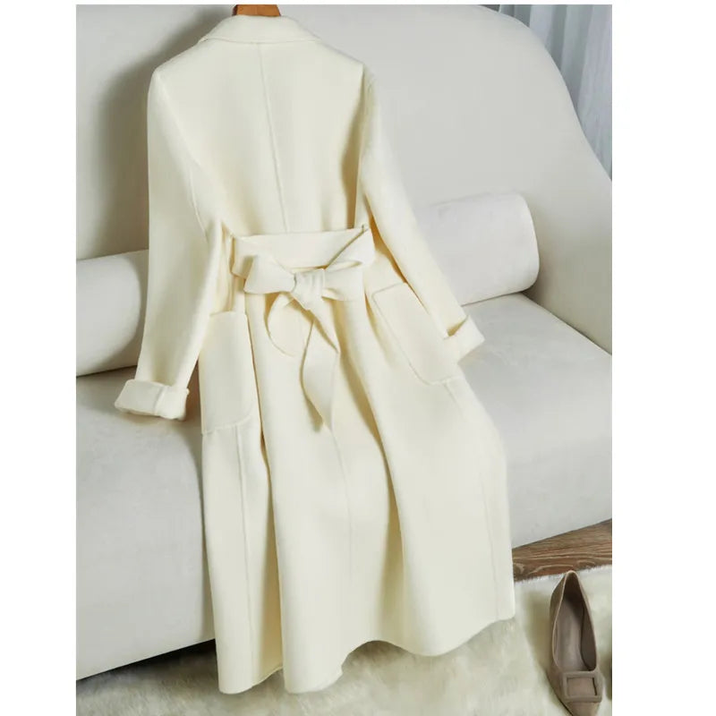 White Belt Double-sided Cashmere Coat Women's 2024 New Fashion Temperament Winter Slim Wool Coat Solid Female Long Windbreaker