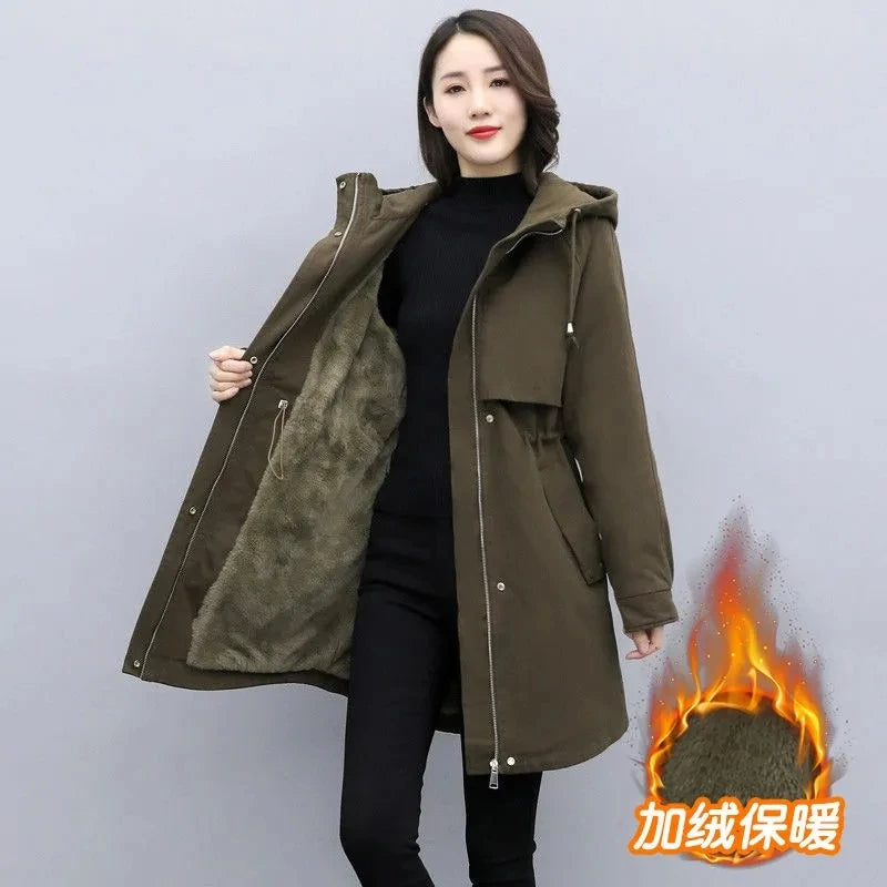 New Female Parka 2025 Winter New Korean Plush Thicken Women's Cotton Jacket Ladies Warm Hooded Coat Mid length Casual Overcoat