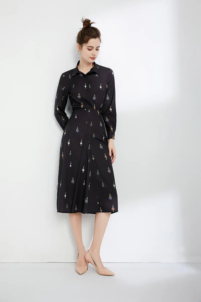 Women's Runway Designer Two Piece Dress Turn Down Collar Long Sleeves Printed Shirt with Ruched Skirt Fashion Twinset Sets