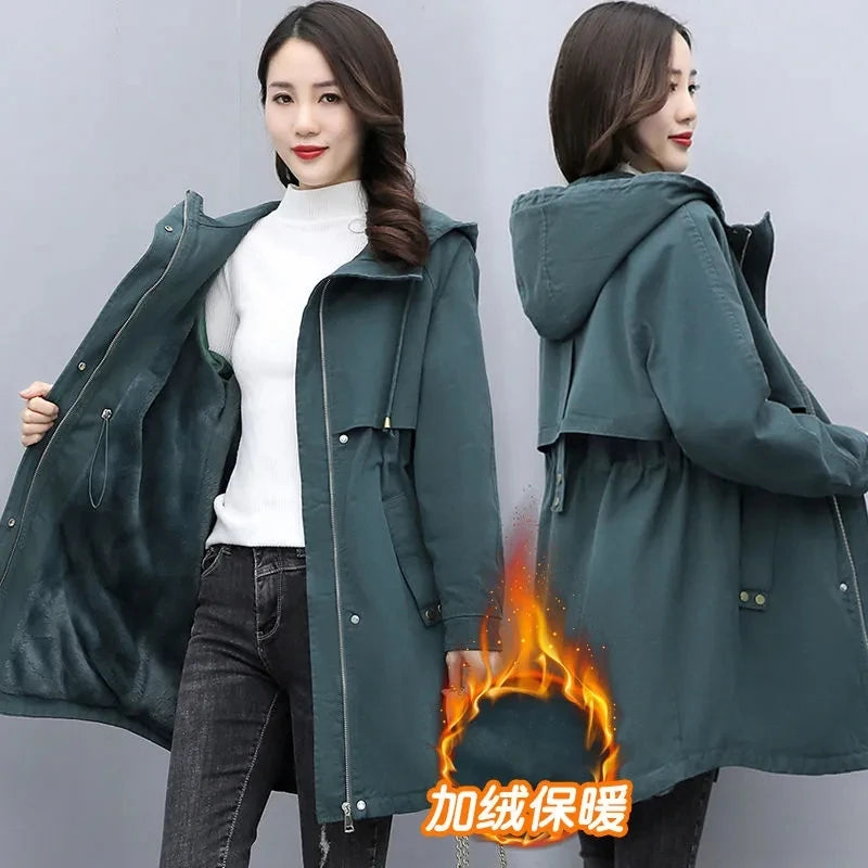New Female Parka 2025 Winter New Korean Plush Thicken Women's Cotton Jacket Ladies Warm Hooded Coat Mid length Casual Overcoat