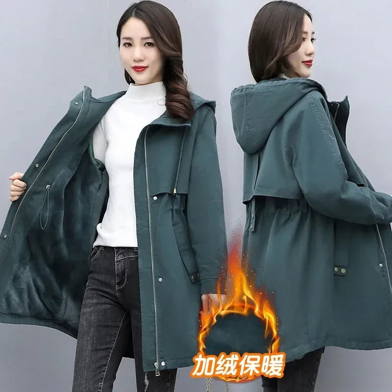 New Female Parka 2025 Winter New Korean Plush Thicken Women's Cotton Jacket Ladies Warm Hooded Coat Mid length Casual Overcoat
