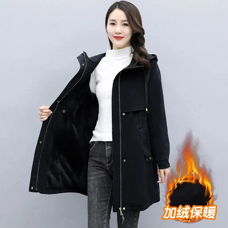 New Female Parka 2025 Winter New Korean Plush Thicken Women's Cotton Jacket Ladies Warm Hooded Coat Mid length Casual Overcoat
