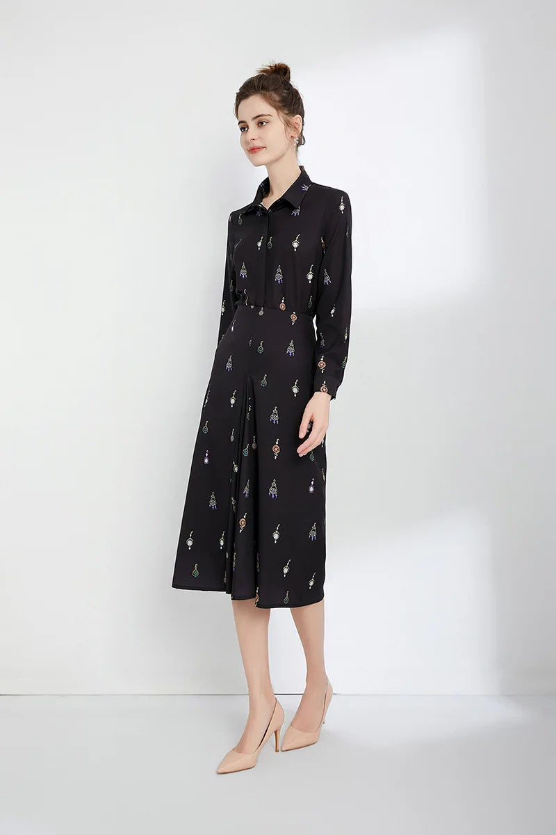 Women's Runway Designer Two Piece Dress Turn Down Collar Long Sleeves Printed Shirt with Ruched Skirt Fashion Twinset Sets