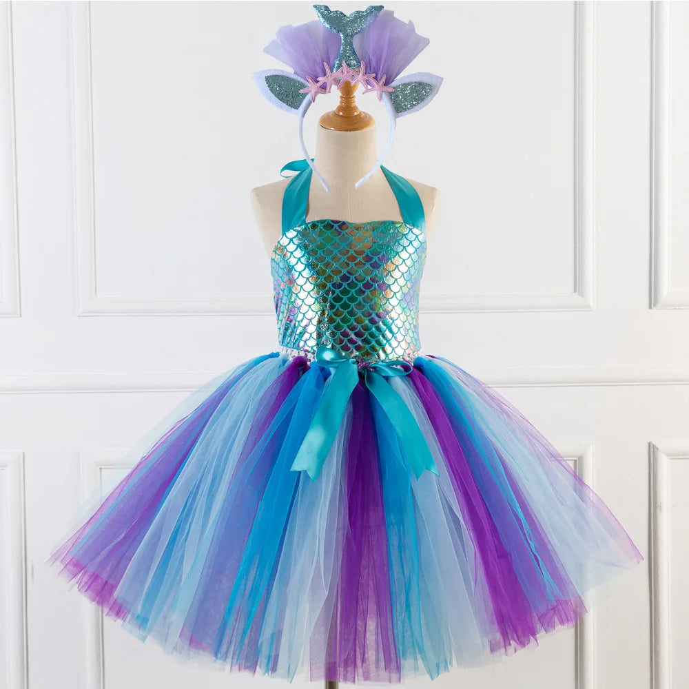 Kids Girls Cosplay Party Dress Princess Dress Up Mermaid Tulle Tutu Dresses Theme Birthday Party Costume with Flower Headband