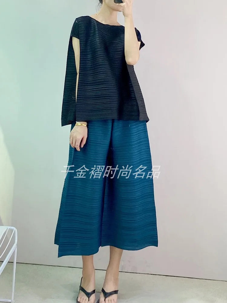 woman Wide Leg Pants Miyake Pleated Fashion High Street Solid Tight waist Summer LOOSE Large Size Female Ankle-Length Pants