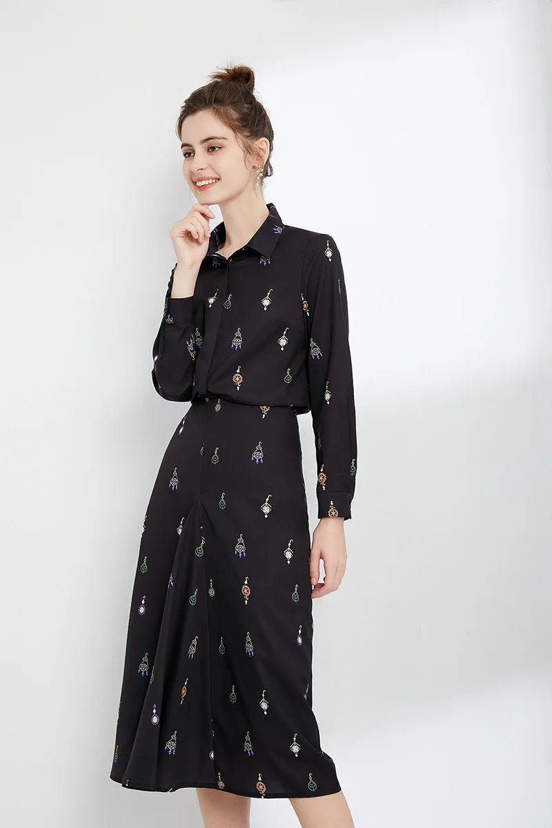 Women's Runway Designer Two Piece Dress Turn Down Collar Long Sleeves Printed Shirt with Ruched Skirt Fashion Twinset Sets