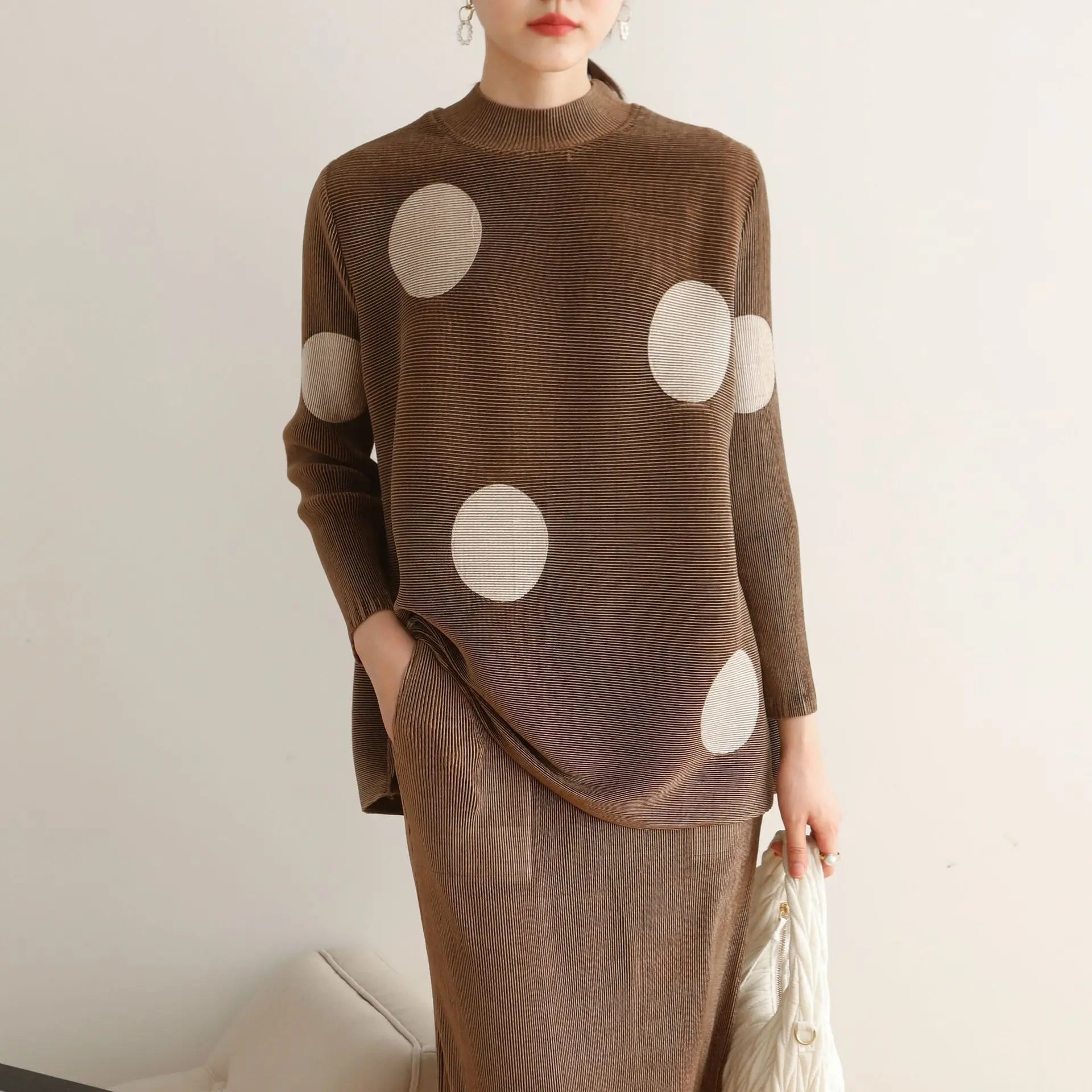 Women's high neck T-shirt + pencil skirt Miyak Pleated Fashion plus size loose polka-dot print top