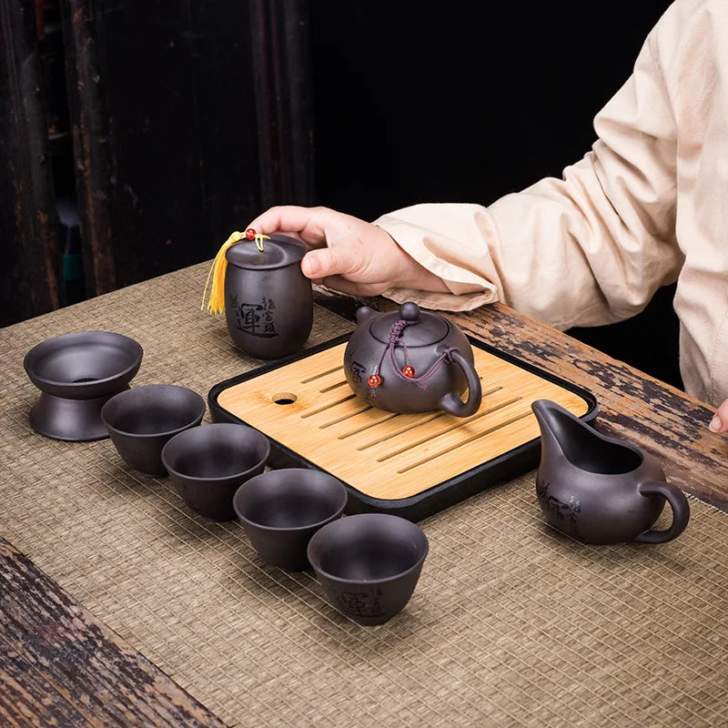 Portable tea pot set Ceramic purple clay teapot One Pot Six Cup Outdoor Travel tea pot porcelain kettle