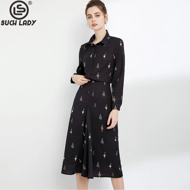 Women's Runway Designer Two Piece Dress Turn Down Collar Long Sleeves Printed Shirt with Ruched Skirt Fashion Twinset Sets