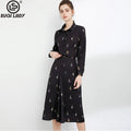 Women's Runway Designer Two Piece Dress Turn Down Collar Long Sleeves Printed Shirt with Ruched Skirt Fashion Twinset Sets