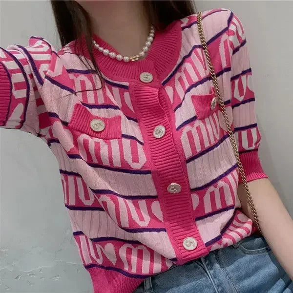 New in  New Pink Purple Short Knit Sweater Women's Autumn/winter Letter Brand Loose Long-sleeved Knitted Top Cropped Sweate