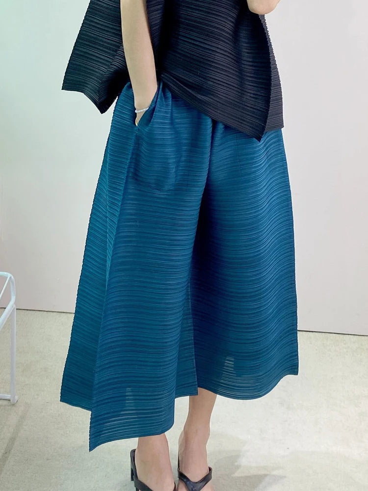 woman Wide Leg Pants Miyake Pleated Fashion High Street Solid Tight waist Summer LOOSE Large Size Female Ankle-Length Pants