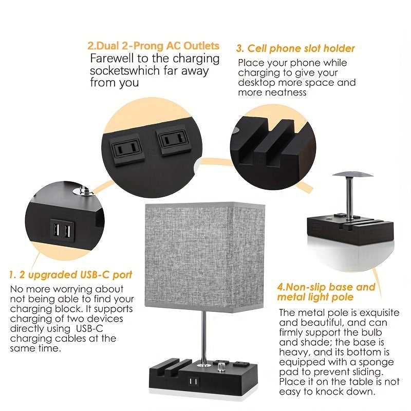 Fully Dimmable Table Lamp with USB Charging Ports – Modern Bedside Light